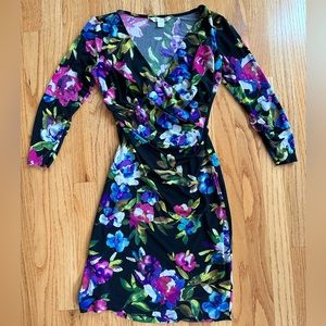 Boston Proper floral stretch wrap bodycon mini dress long sleeve